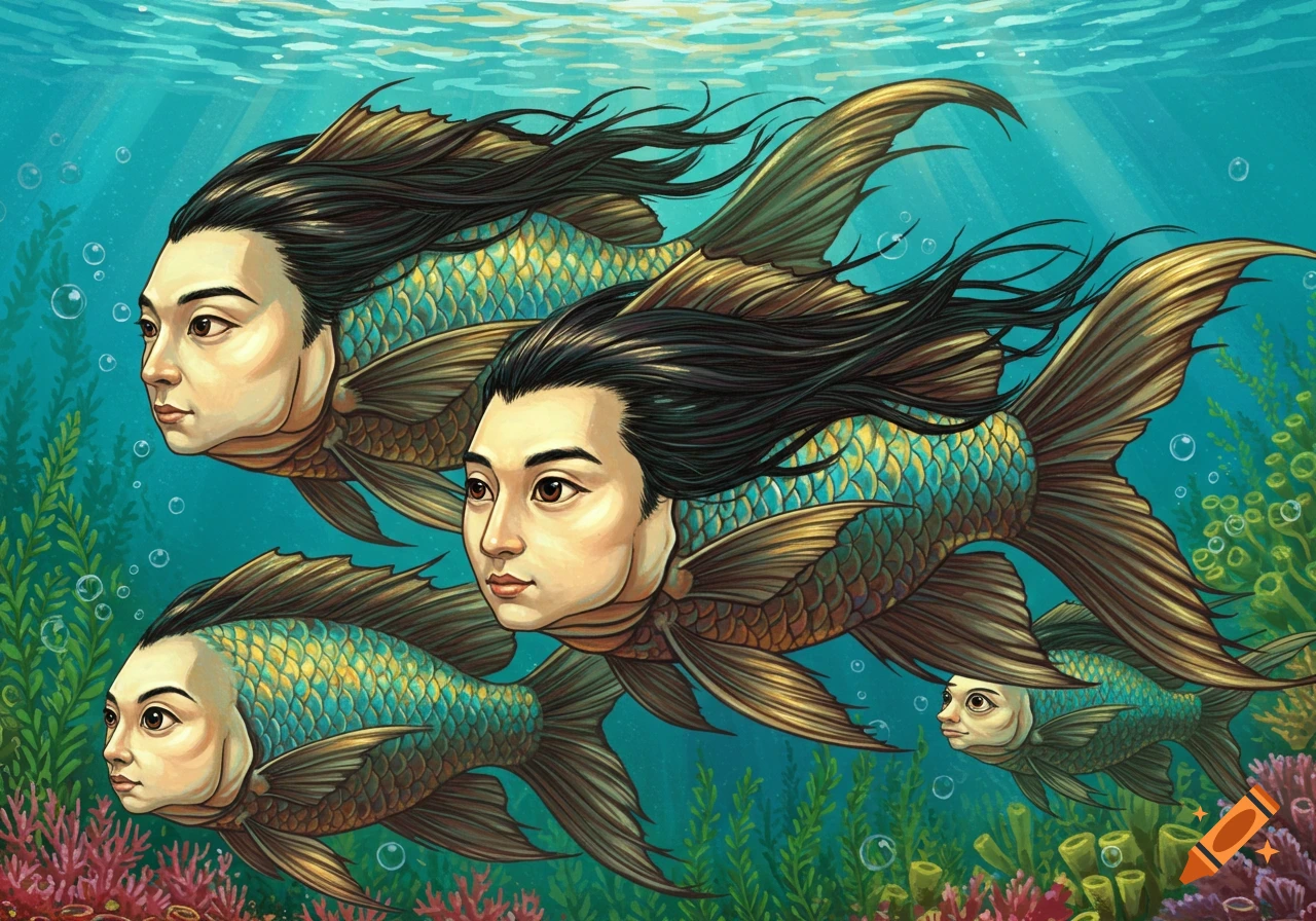 Illustration of several fish with Asian male faces and long black hair swimming underwater among coral and plants.