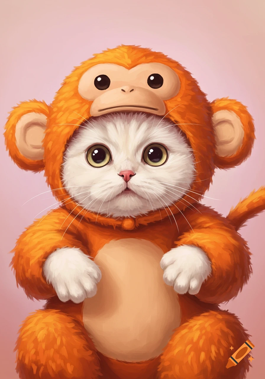 Cute white cat wearing an orange monkey costume against a pink background, illustrated in a charming, cartoonish style.