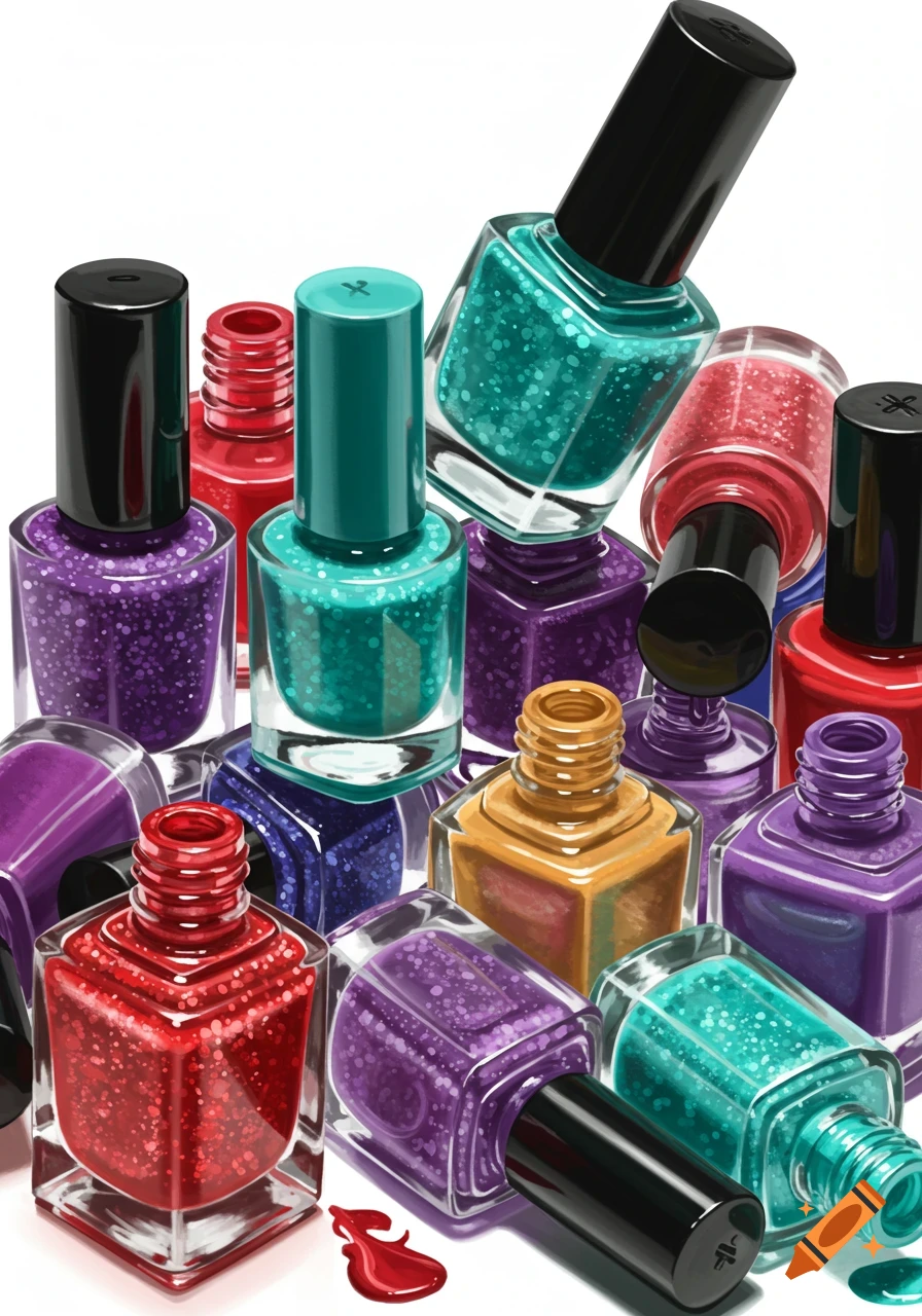 A close-up illustration of numerous nail polish bottles in various colors like purple, red, teal, and gold, some tilted or spilled.