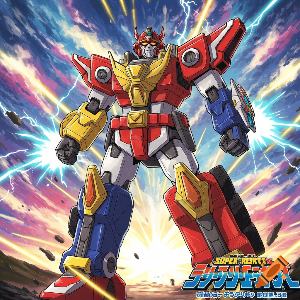 A red, blue, and yellow Super Sentai mecha stands tall against a stormy, lightning-filled sky.