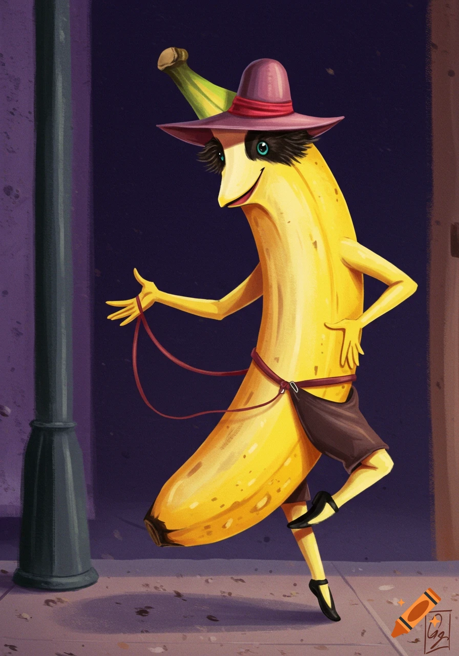 A whimsical cartoon illustration of a banana character wearing a purple hat and shorts, dancing on a sidewalk at night next to a lamppost.