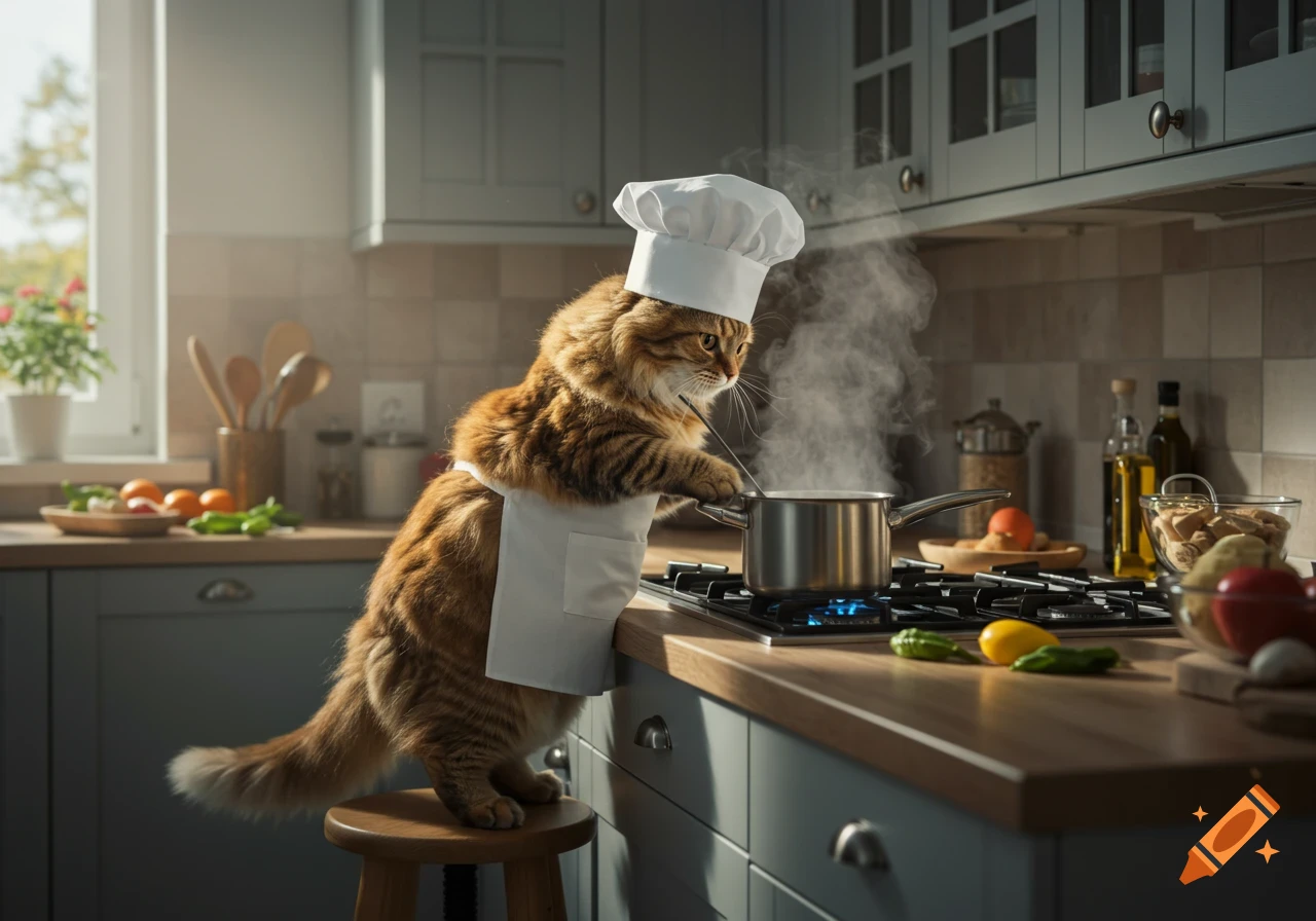 A photorealistic fluffy orange tabby cat wearing a chef's hat and apron stirring a steaming pot on a gas stovetop in a modern kitchen.