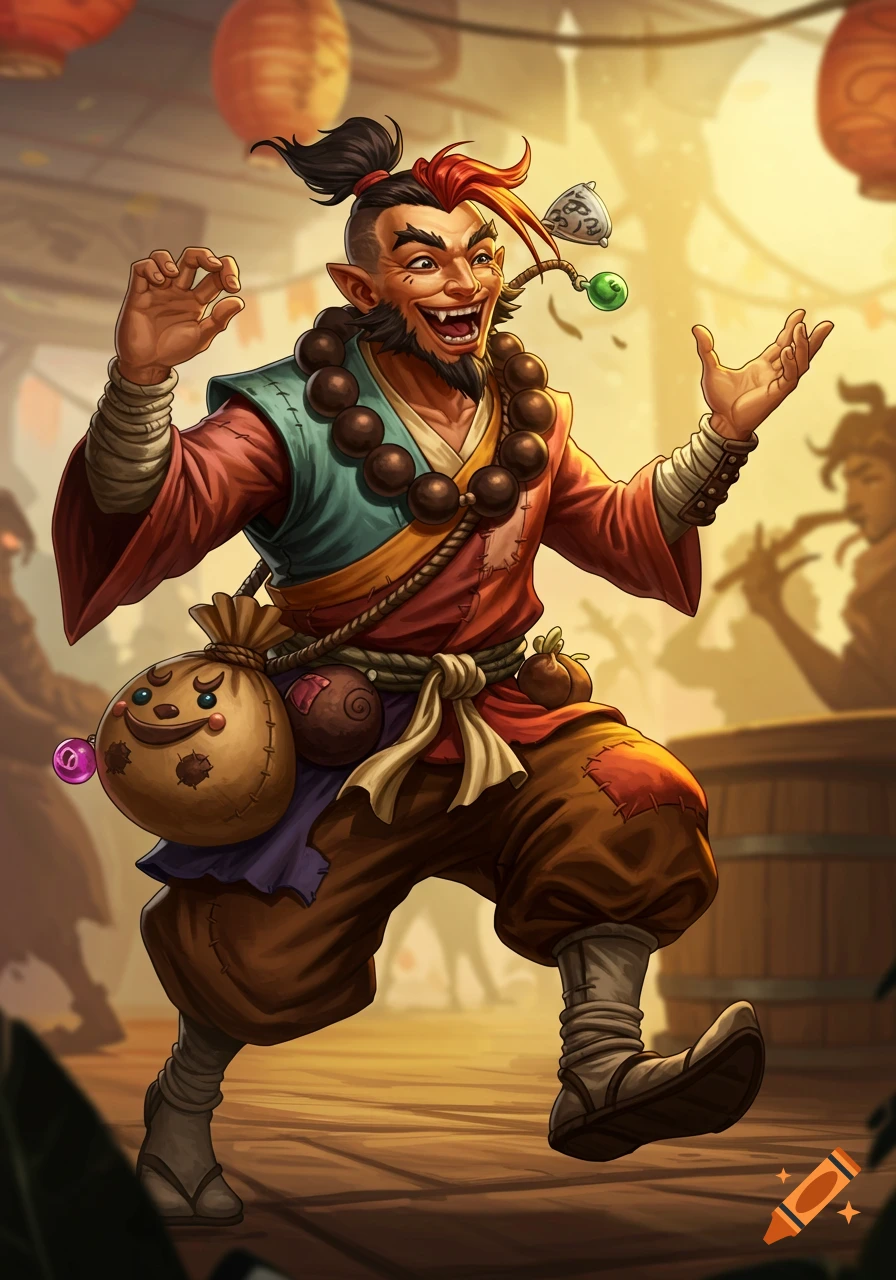 A vibrant, stylized illustration of a joyful, bearded monk with a top knot, colorful robes, wooden beads, and a smiling bag, standing in a market.