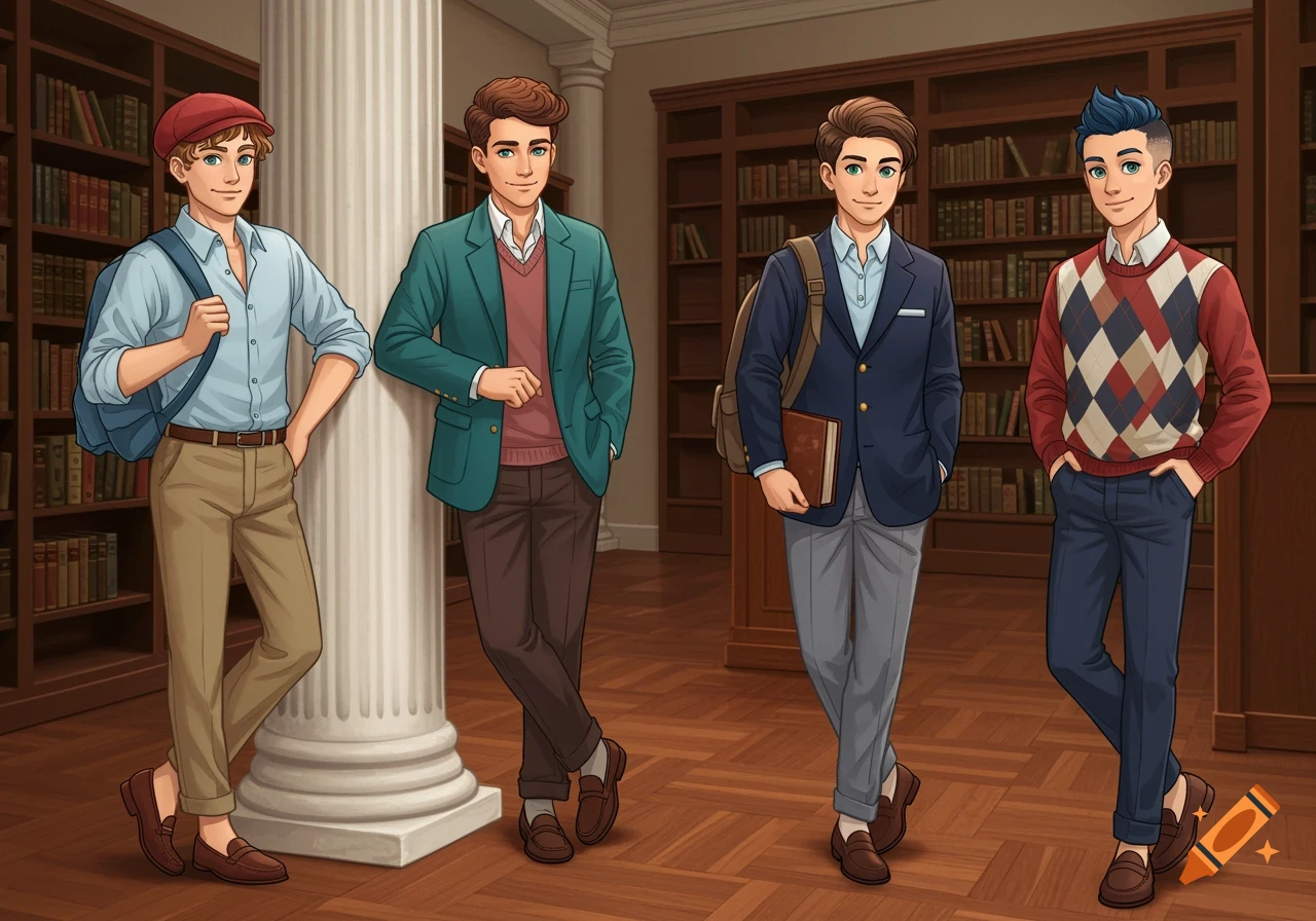 Four light-skinned teenage boys in preppy outfits standing in a school library, in anime style.
