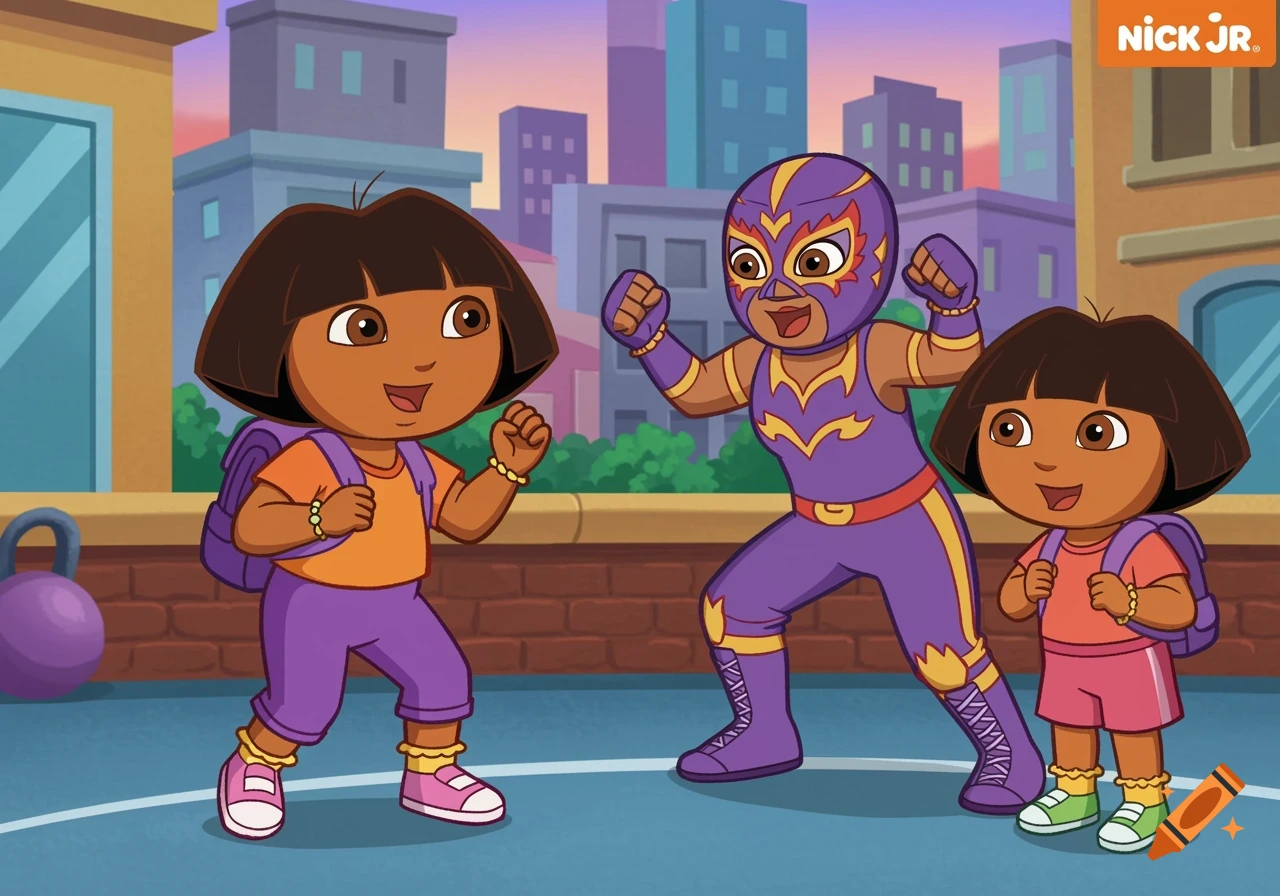 Two cartoon Dora characters and a purple-masked female luchador pose heroically in an urban gym setting.