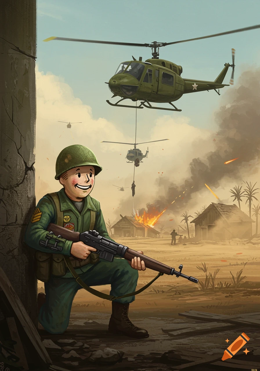 Cartoon illustration of Vault Boy kneeling with a rifle in a Vietnam War scene, with helicopters flying overhead and burning huts in the background.