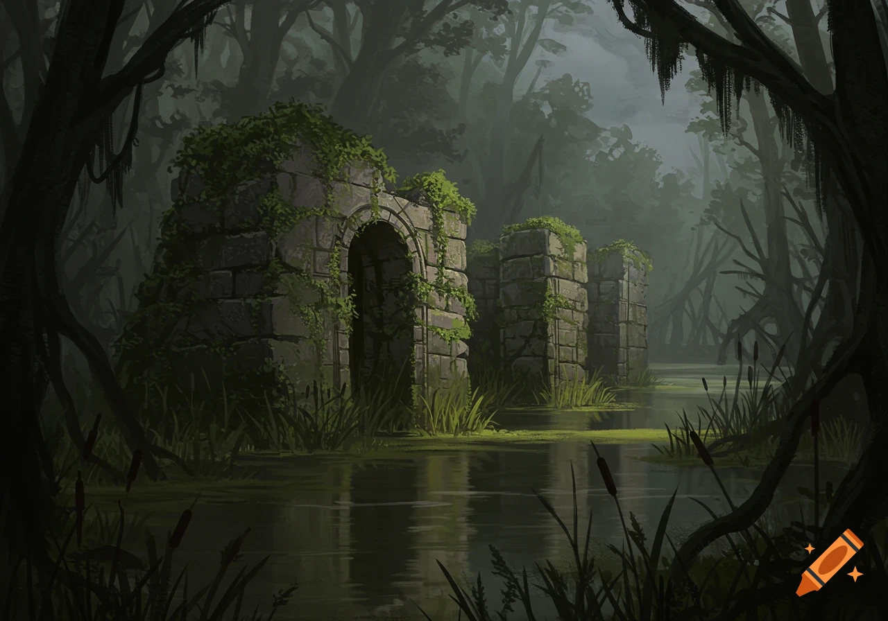 Ancient stone ruins overgrown with moss in a dark, misty swamp with still water and tall grass, digital art.
