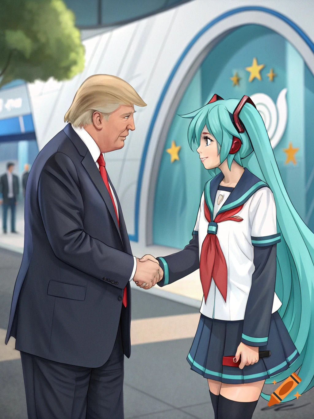 Donald Trump shakes hands with Hatsune Miku, an anime character, outdoors in front of a modern building.