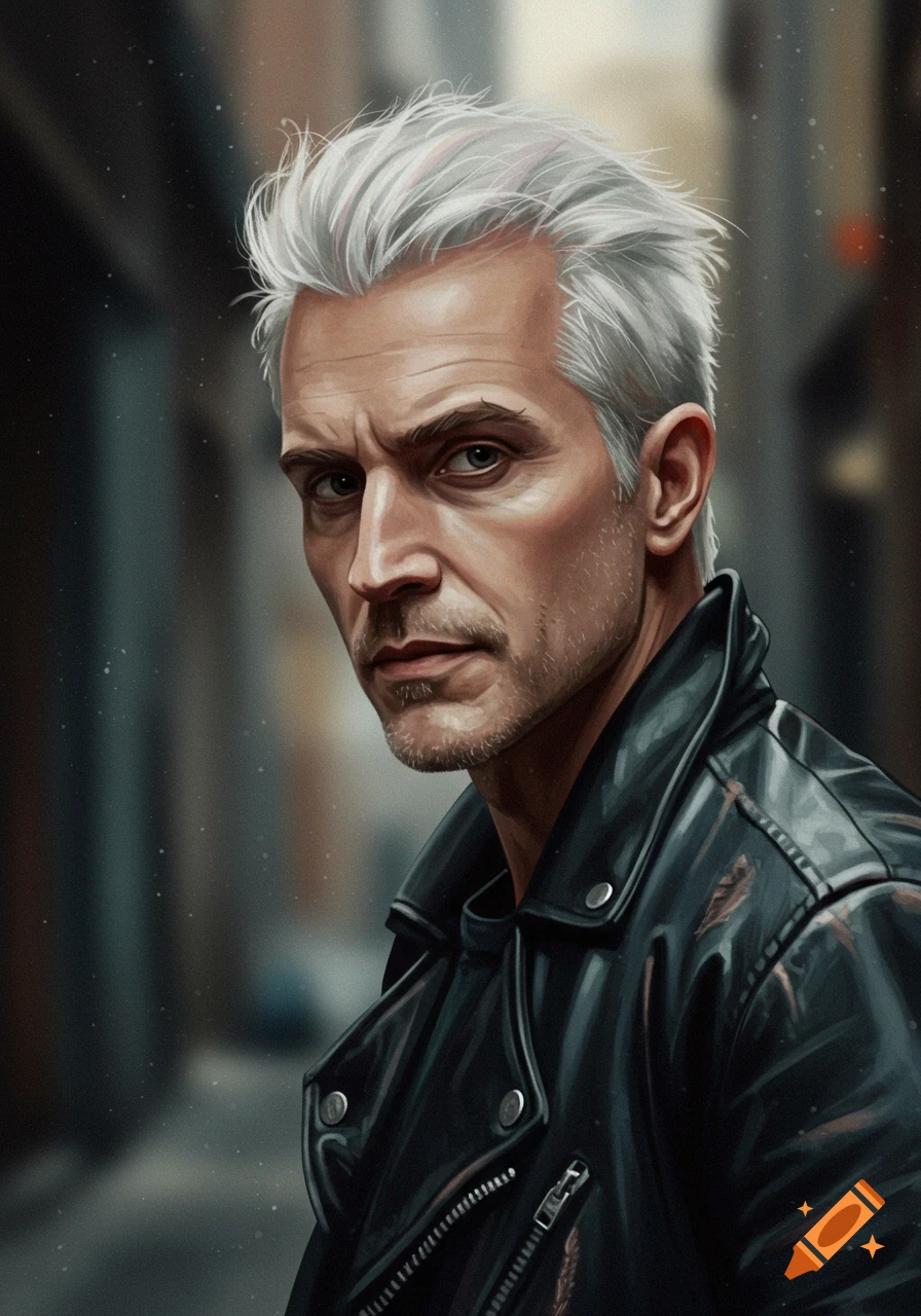A close-up portrait of a stern-looking man with white hair and a leather jacket, in a dimly lit alley.