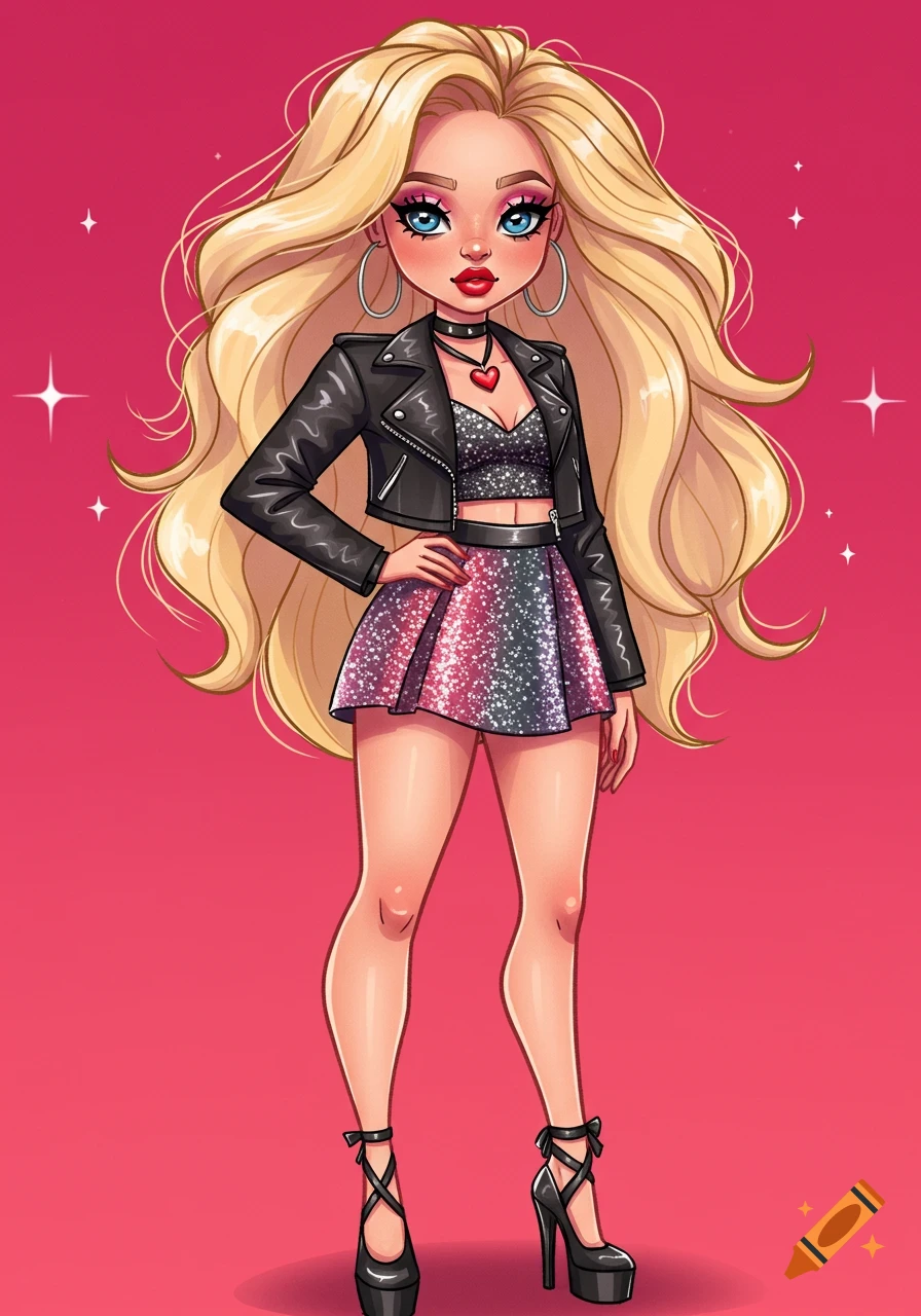 An animated illustration of a blonde pop star in a black leather jacket, glittery crop top, and miniskirt, on a pink background.