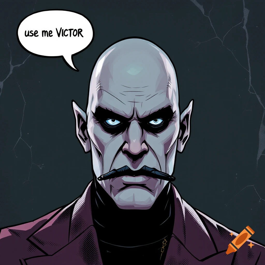 Stylized illustration of a bald, pale-skinned man with a thin mustache and glowing blue eyes, wearing a dark suit, with a speech bubble that reads 'use me VICTOR'.