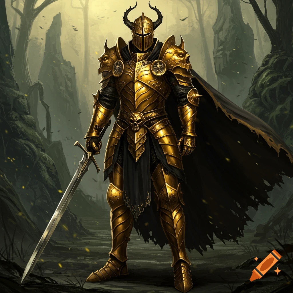 A detailed illustration of a golden knight in ornate armor with horns on his helmet, holding a sword in a dark forest.