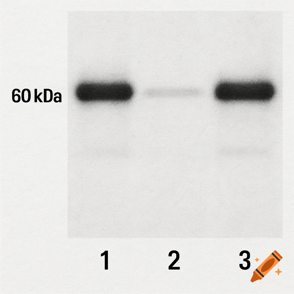 Black and white Western blot showing three lanes with dark bands at 60 kDa in lanes 1 and 3, and a faint band in lane 2.