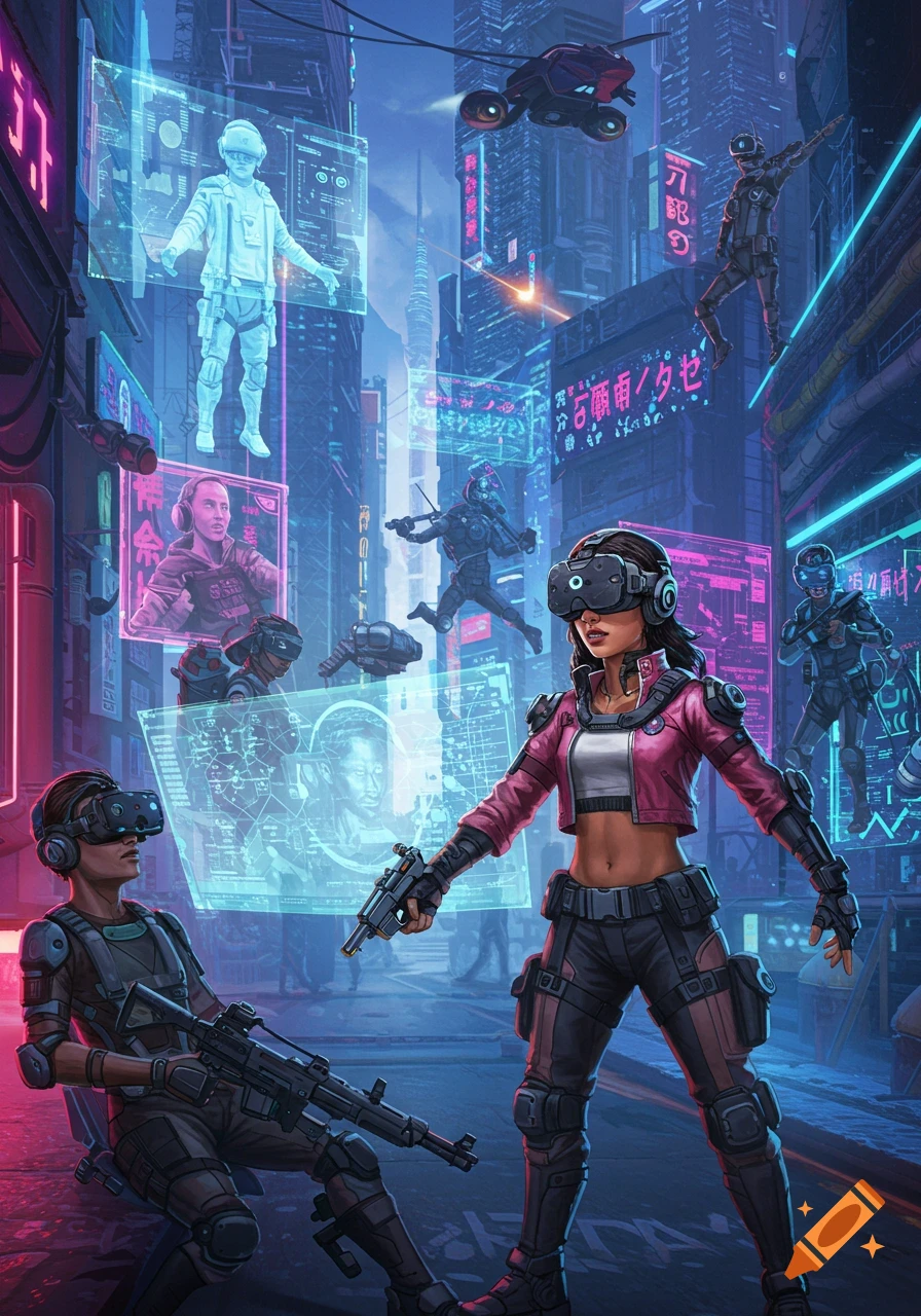 Two armored figures in VR headsets in a neon-lit cyberpunk city, with one holding a pistol and the other a rifle, surrounded by holographic displays and flying vehicles.