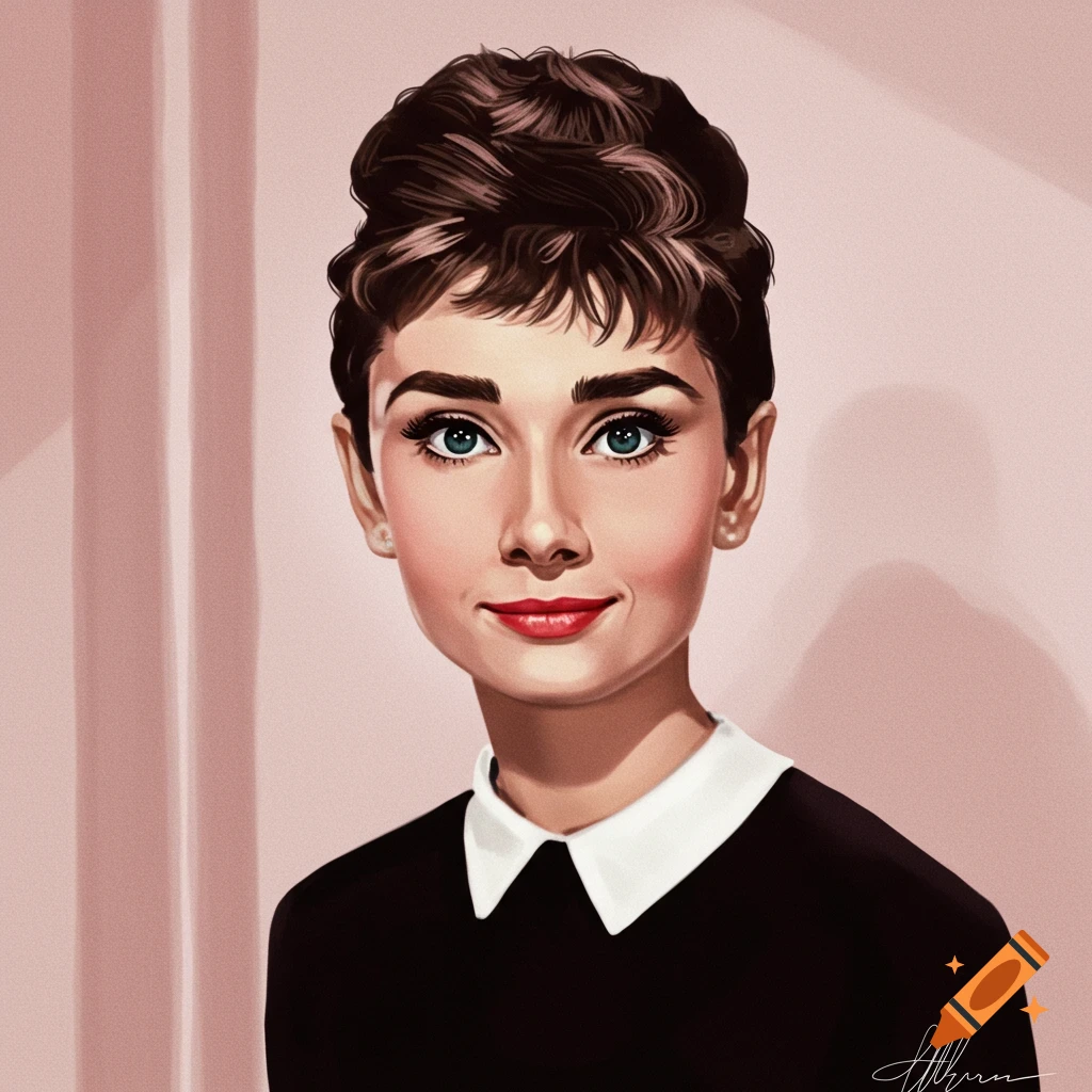 An illustration of Audrey Hepburn with her hair up, wearing a black top with a white collar, looking directly at the viewer.