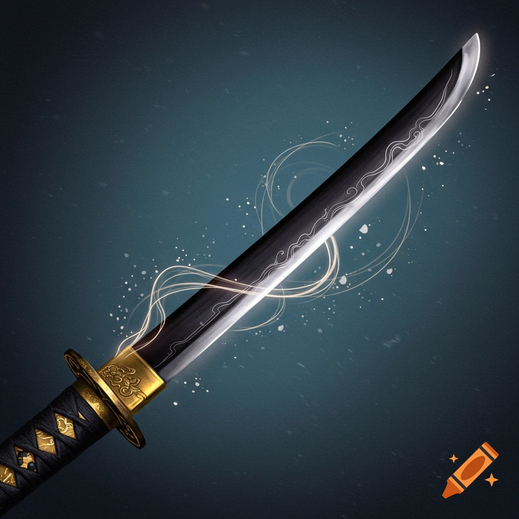 A stylized black katana with a golden hilt and glowing ethereal wisps around its blade, set against a dark blue background.