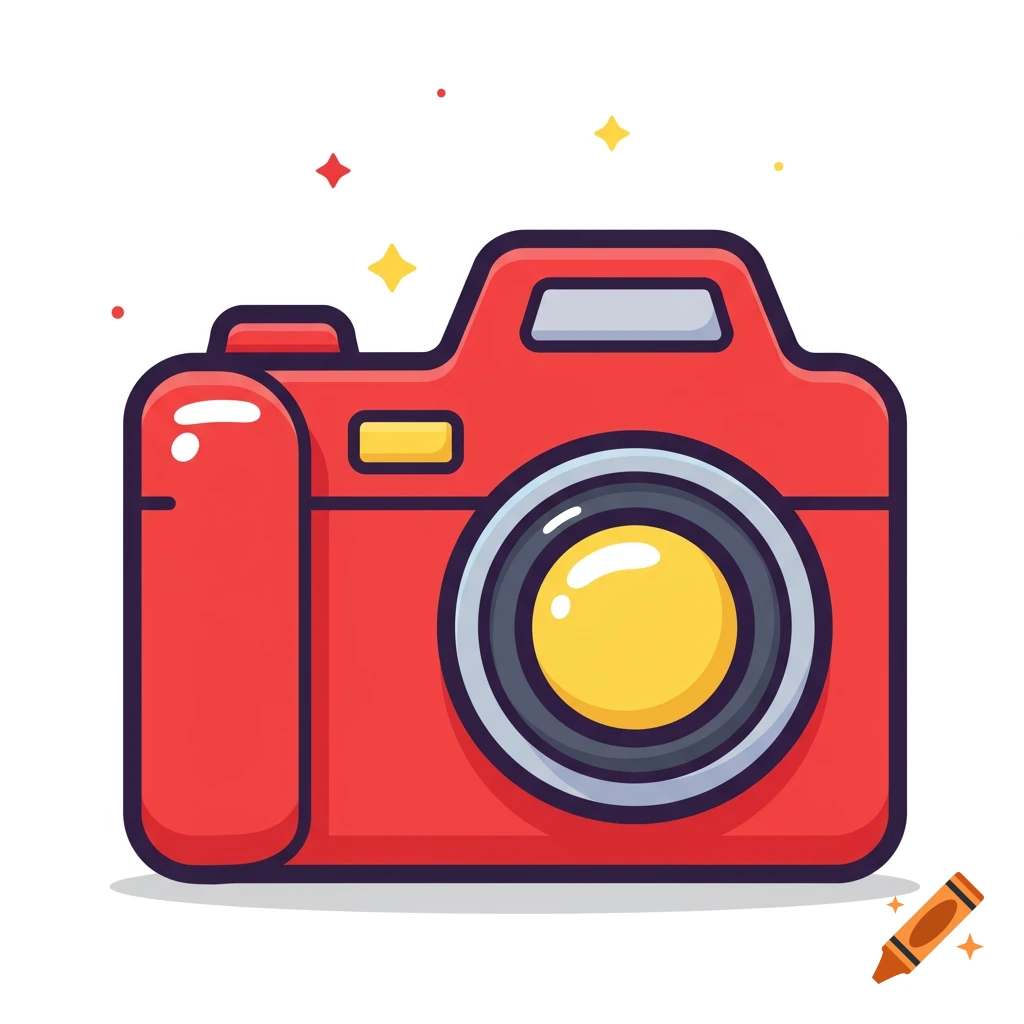 A vibrant red and yellow cartoon camera icon with a lens and small stars floating around it on a white background.