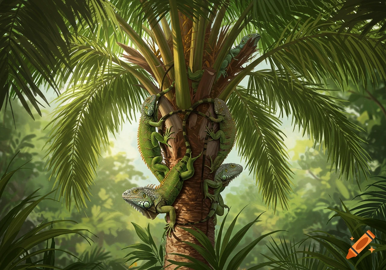 Multiple green iguanas climb and rest on the trunk and fronds of a large palm tree in a lush tropical forest.