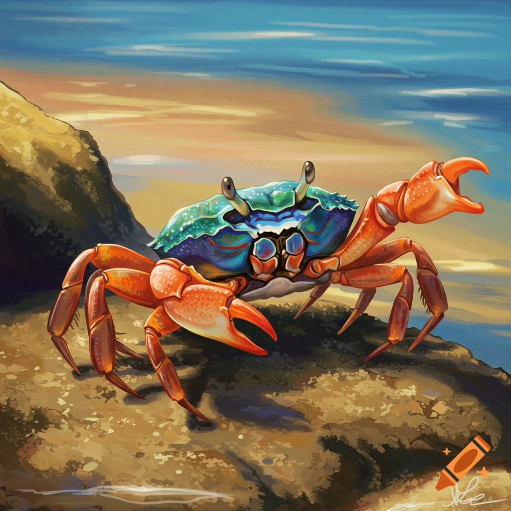 A colorful blue-green and orange crab stands on a sandy beach at sunset, painted in an illustrative style.