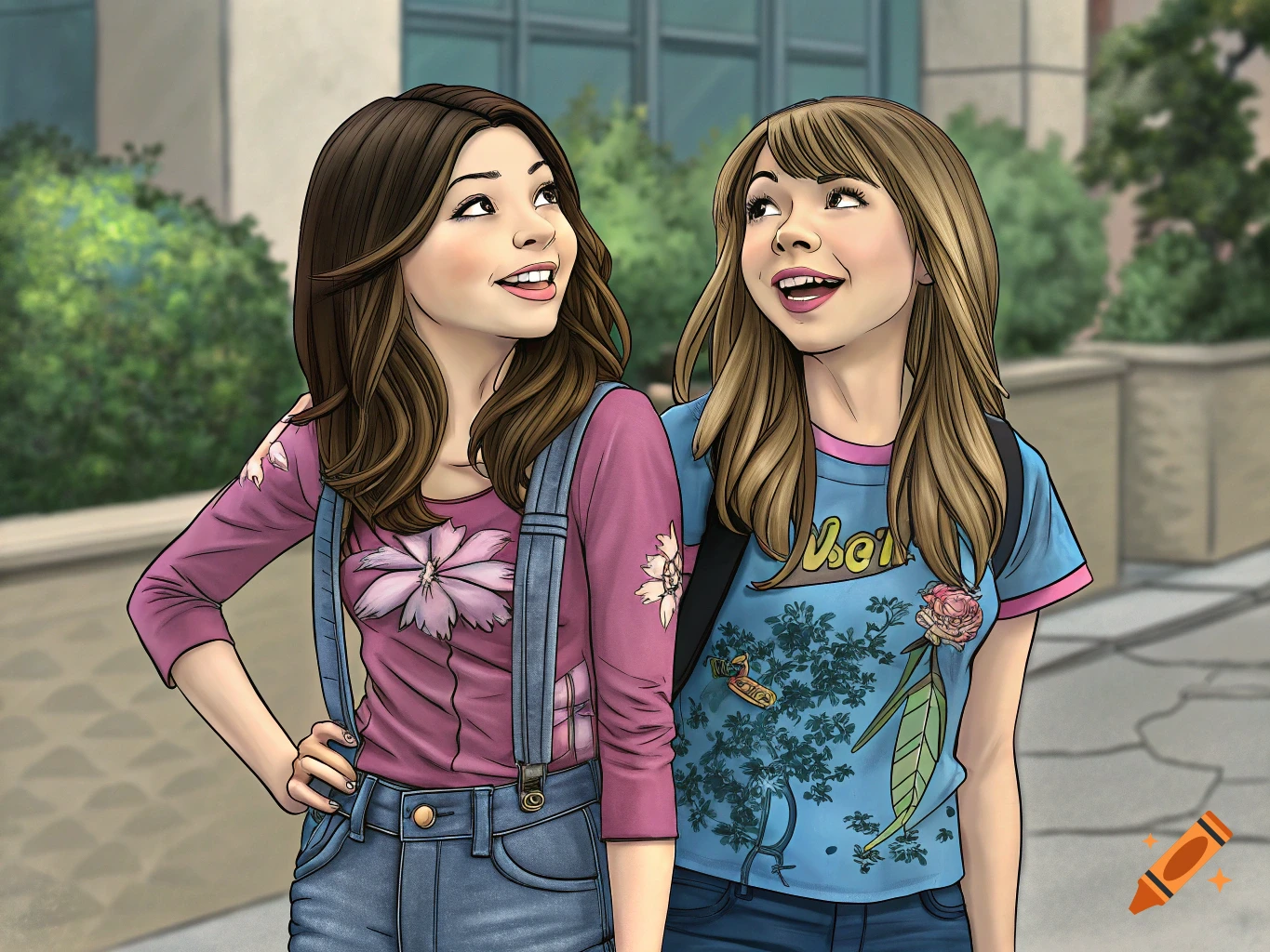 Animated drawing of two smiling young women, one in pink overalls, the other in a blue floral shirt, outdoors.