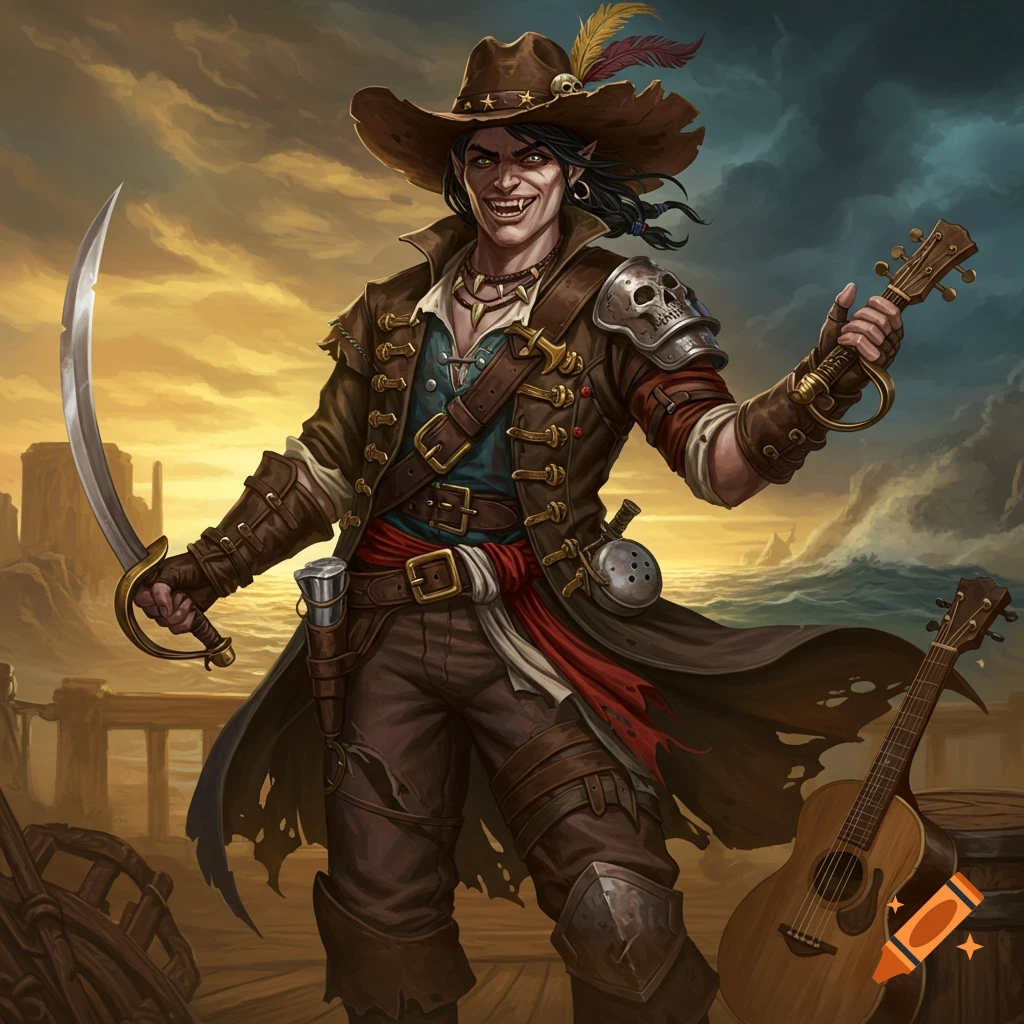 A grinning fantasy Dhampir in pirate and cowboy attire, with fangs, holding a cutlass and a guitar on a ship deck at sunset.