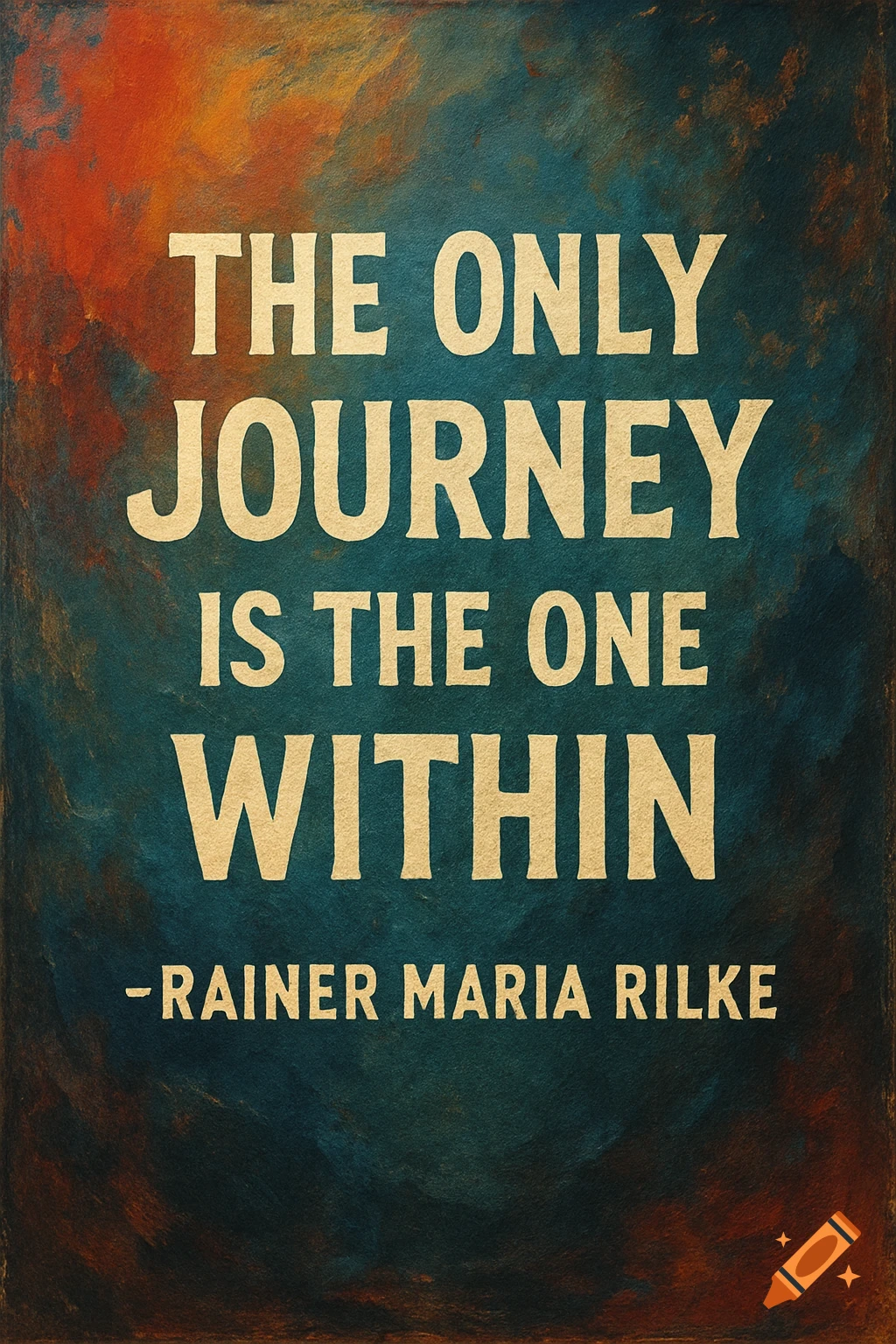 A quote poster with "The only journey is the one within -Rainer Maria Rilke" in textured text on a distressed blue and orange background.