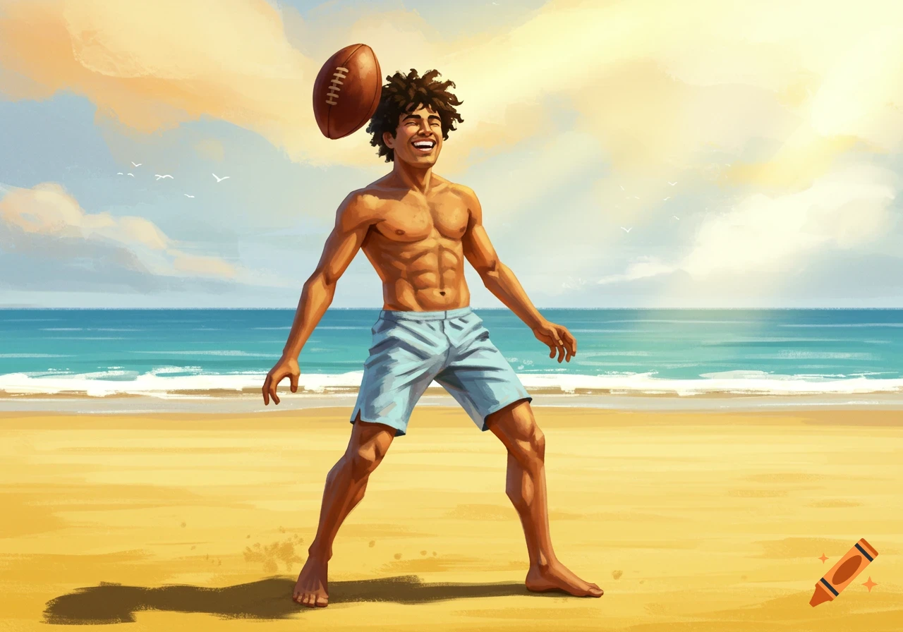 A happy young man with curly hair plays football on a sandy beach under a colorful sky.