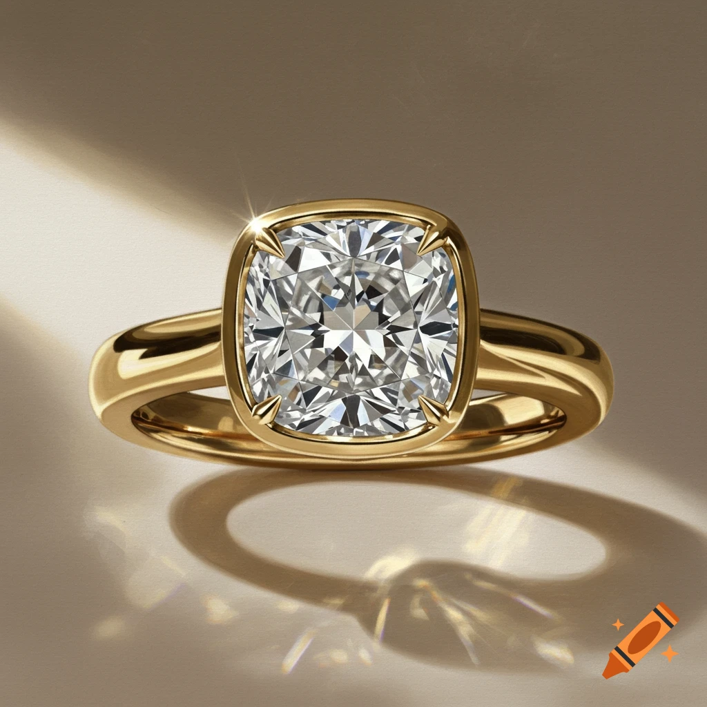 A photorealistic 5 carat cushion cut diamond ring, bezel set in a wide gold band.