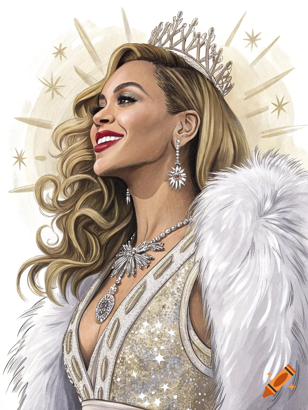 An illustration of Beyonc\u00e9 wearing a crown, a white fur stole, and sparkling jewelry, smiling with red lips.