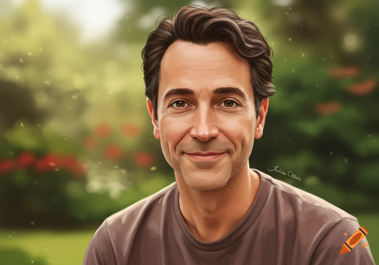 A smiling man with brown hair and a brown shirt stands in a lush green garden with blurred trees and foliage in the background.
