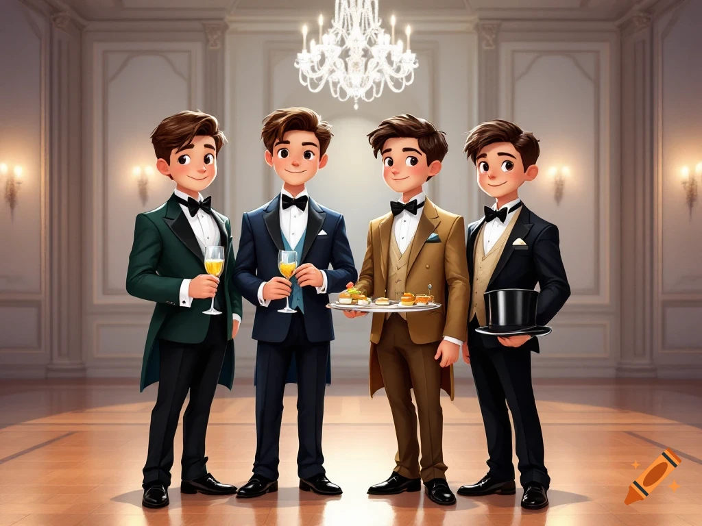 Four cartoonish young boys in colorful tuxedos, holding drinks and a tray, standing in a formal ballroom. Anime style.