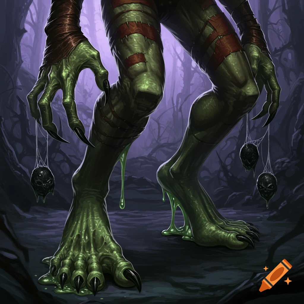 A detailed illustration of a monster's green, slimy legs and clawed hands, with skull-like objects hanging from webs in a dark forest.