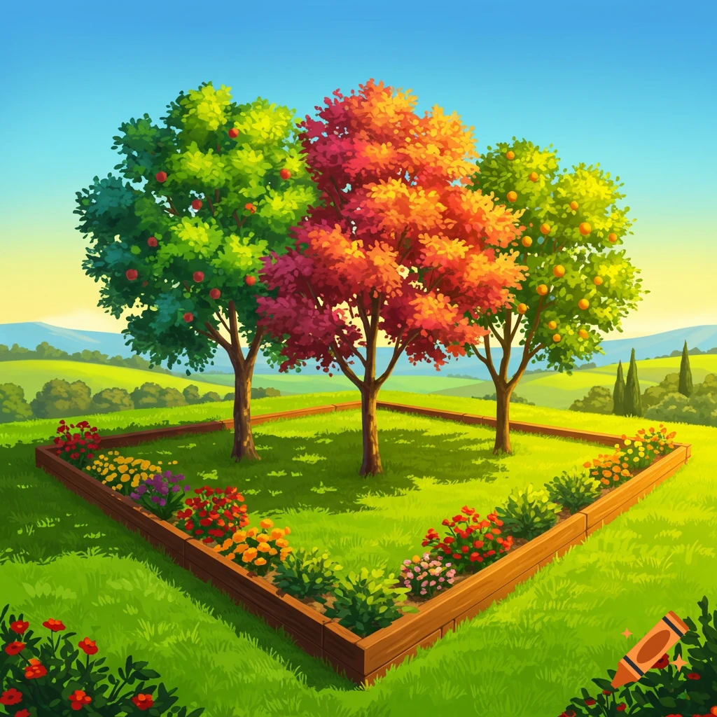 A vibrant garden scene featuring three colorful fruit trees in a central grass triangle, surrounded by a raised bed filled with various blooming flowers.