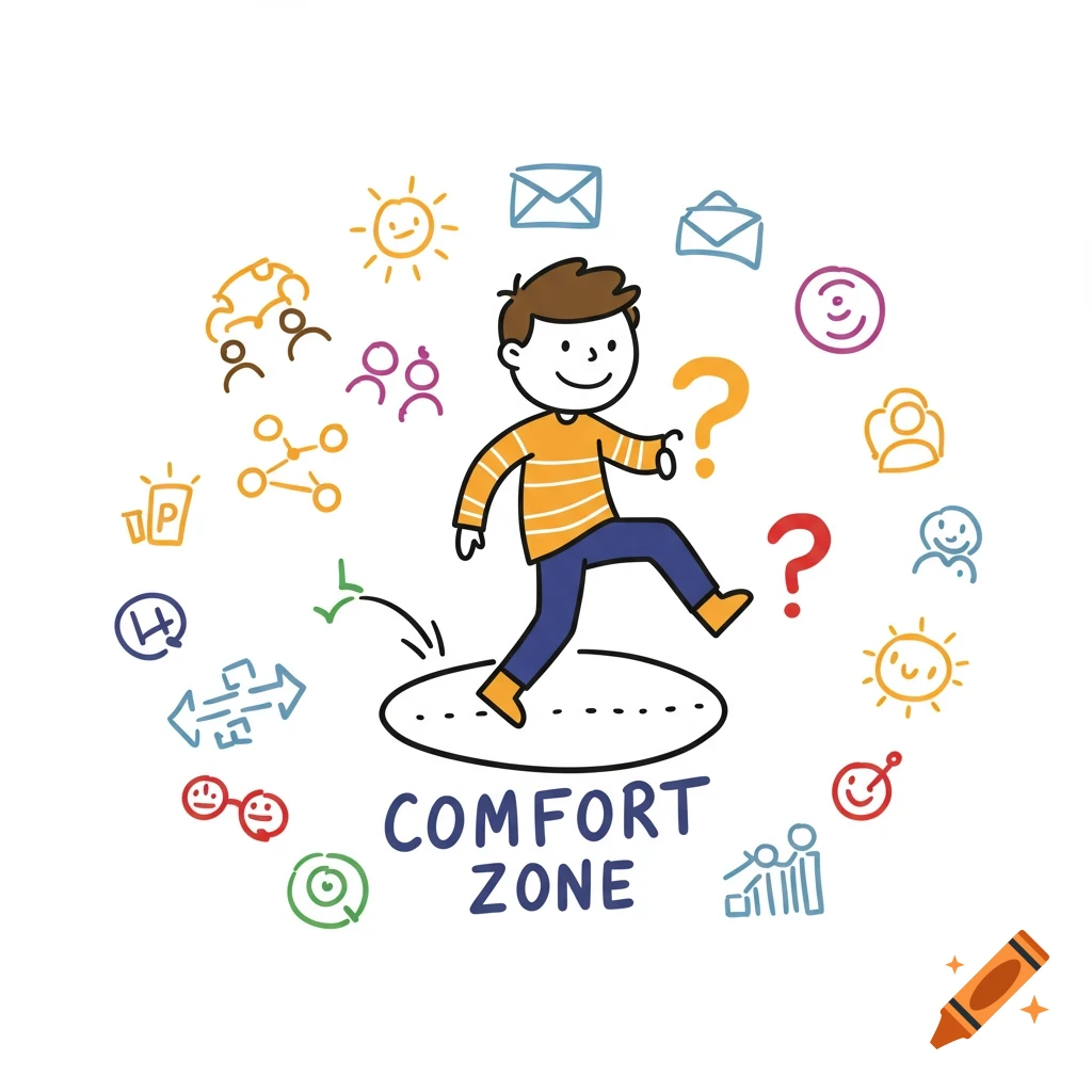 Cartoon illustration of a person stepping out of a comfort zone, surrounded by colorful icons representing new experiences and ideas.
