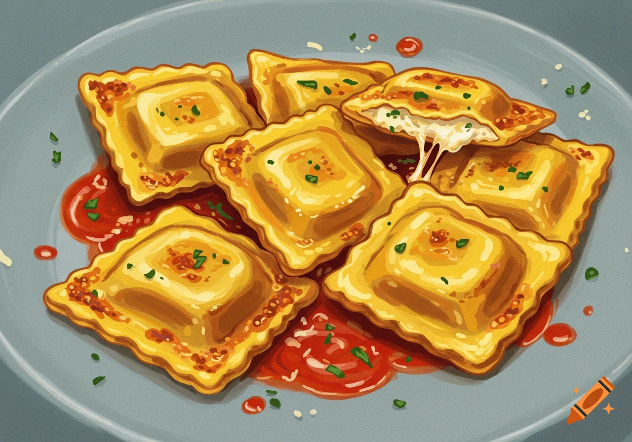 An illustration of toasted ravioli with melted cheese, tomato sauce, and green herbs on a gray plate.