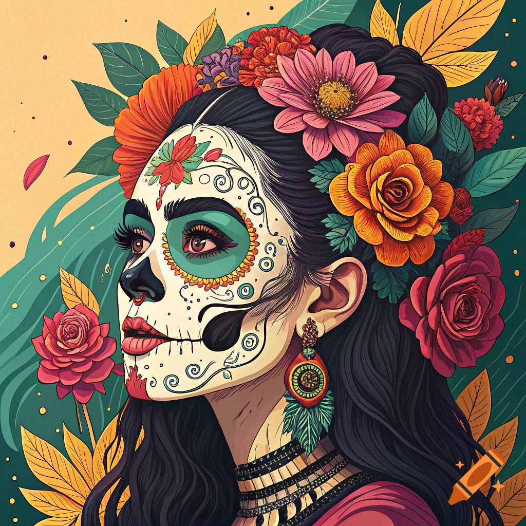 A woman with intricate sugar skull face paint, colorful flowers, and green leaves in her dark hair, looking up.