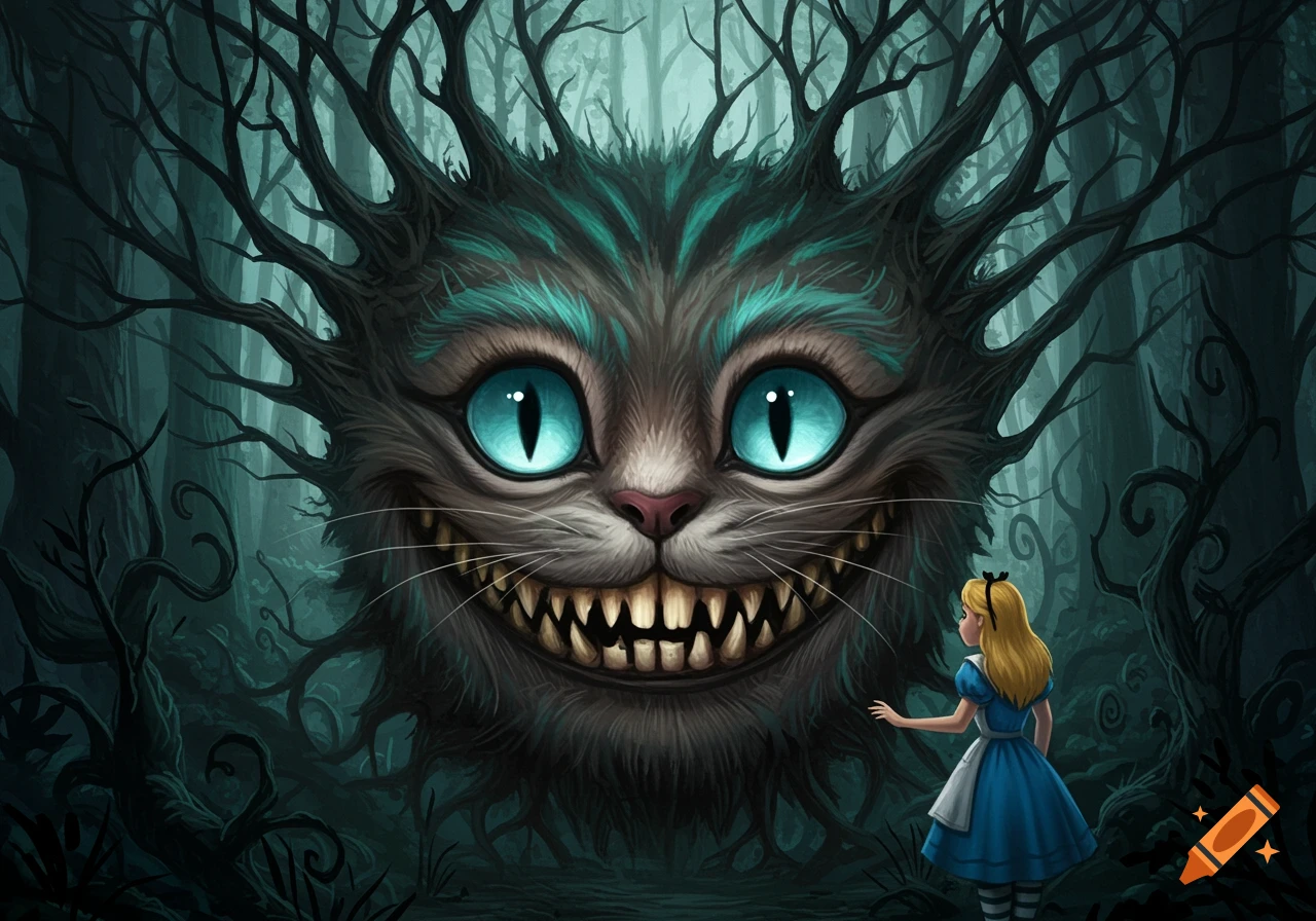 Alice observes the giant, grinning Cheshire Cat's face formed by gnarled tree branches in a dark, gothic forest.