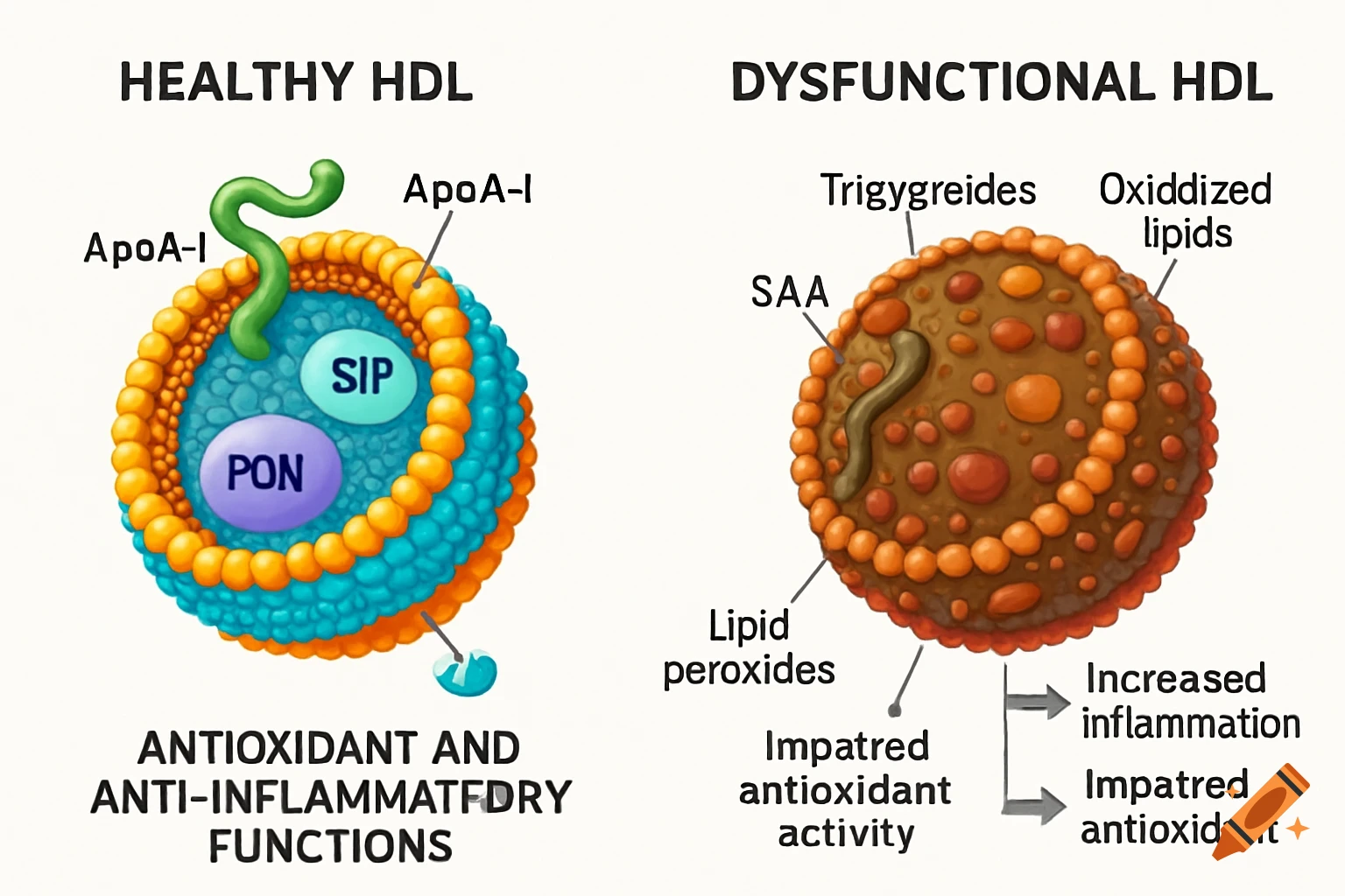 A side-by-side comparison diagram showing a healthy HDL particle on the left and a dysfunctional HDL particle on the right, with various components and functions labeled.