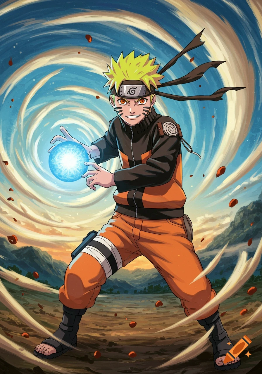 An anime character, Naruto, in an orange and black outfit, holds a glowing blue orb, surrounded by swirling energy and falling debris in a dynamic pose with a landscape background.
