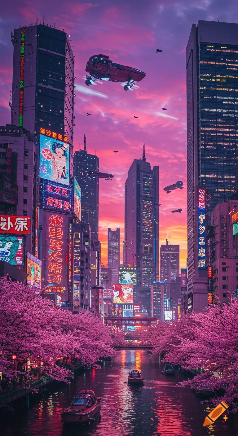 A vibrant cyberpunk city at dusk with neon-lit skyscrapers, a river flowing through cherry blossoms, and flying vehicles overhead.