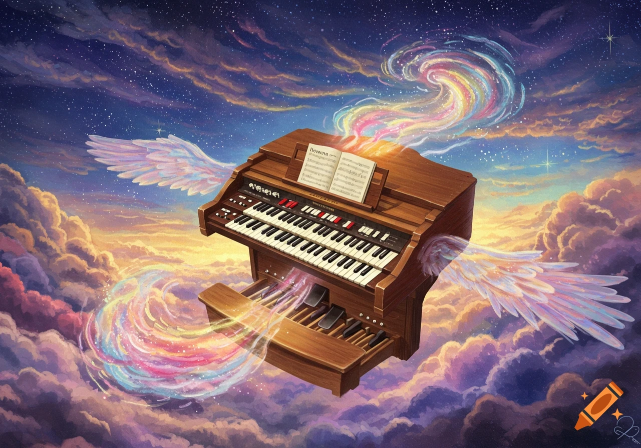 A winged Hammond organ floats through a sky filled with colorful clouds and stars, emitting swirling rainbow energy.