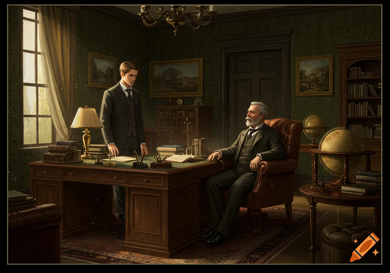An older man sits at a large wooden desk in a richly decorated, dark green office, looking at a young man standing opposite him. Realistic illustration.