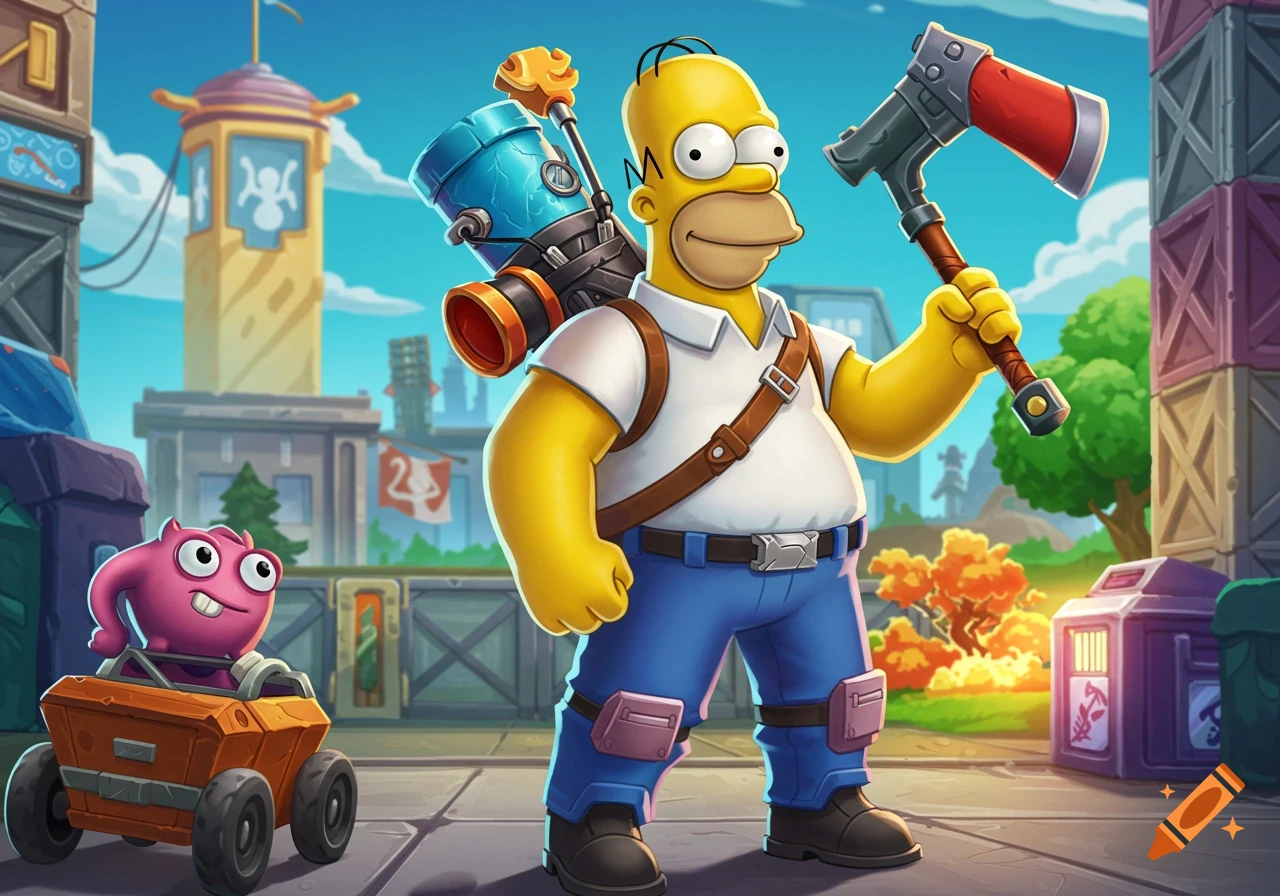 Homer Simpson dressed in tactical gear with an axe and backpack, standing next to a small pink creature in a cart, in a vibrant, cartoon-style outdoor setting with buildings and trees.