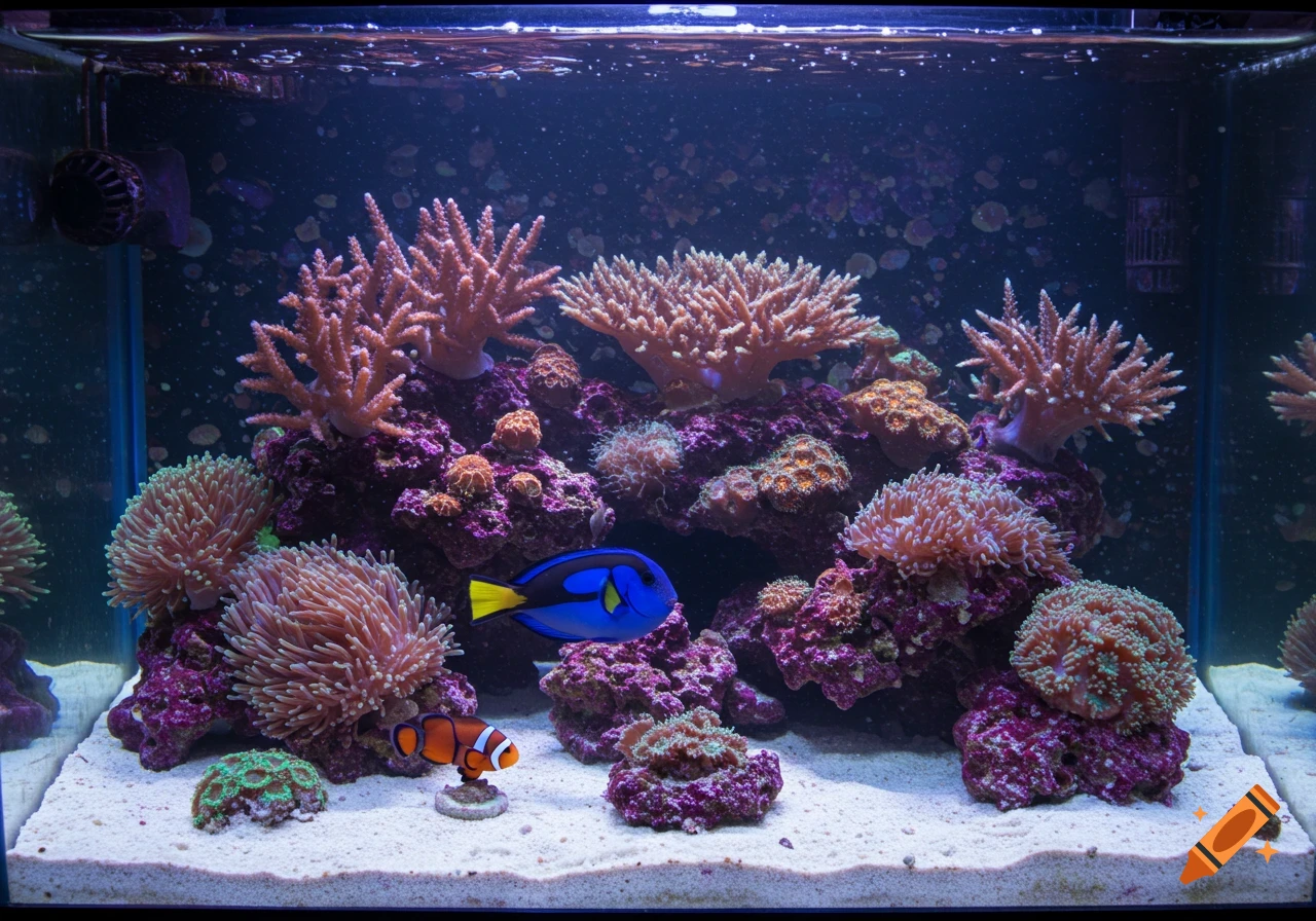 A vibrant fish tank with a blue tang, a clownfish, and various colorful live corals over a sandy bottom.