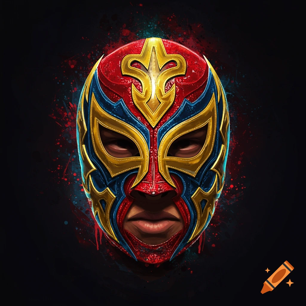 A detailed, stylized illustration of a vibrant red, blue, and gold wrestling mask against a dark, splattered background.