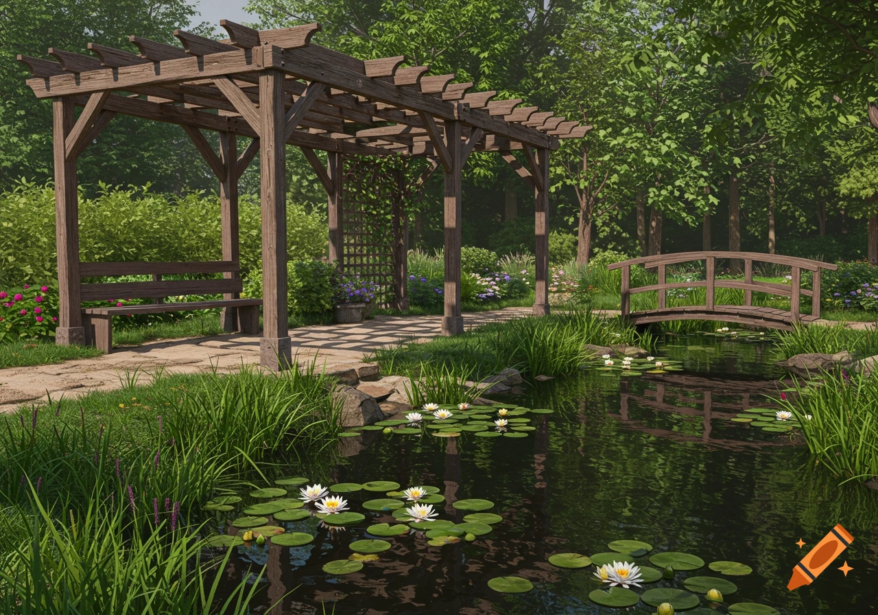 A photorealistic image of a wooden pergola with a bench, a stone path, and a wooden bridge over a pond with water lilies in a lush green garden.