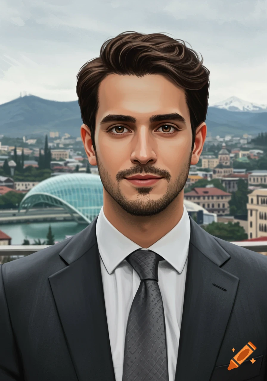 A stylized portrait of a man with dark hair and a beard, wearing a suit and tie, standing in front of a city with mountains and a modern bridge.