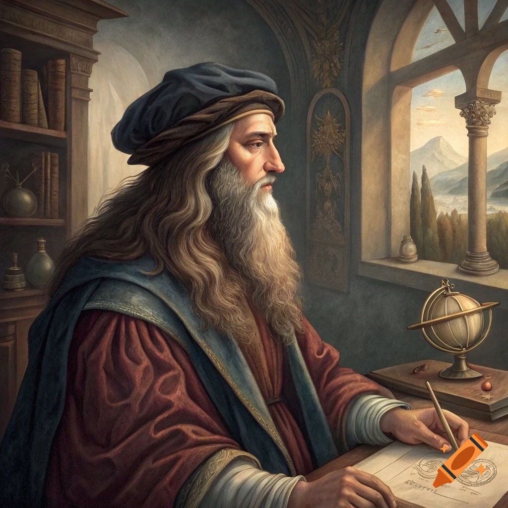 A renaissance-style painting of a bearded Leonardo da Vinci drawing at a desk with a quill in a sunlit study.