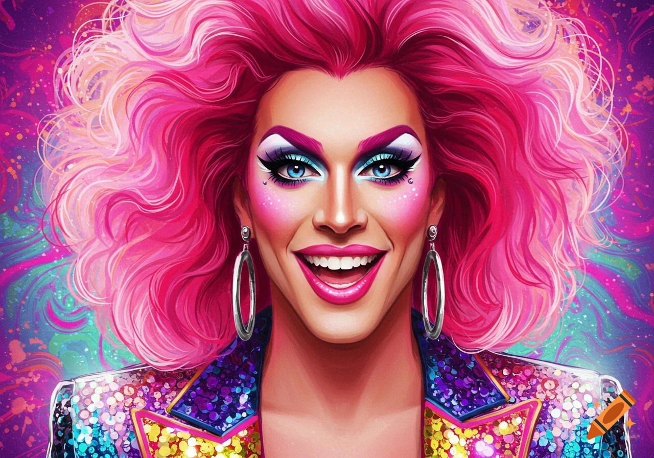 A vibrant and colorful portrait of a drag queen with bright pink hair, bold makeup, and a sequined jacket, smiling at the viewer.