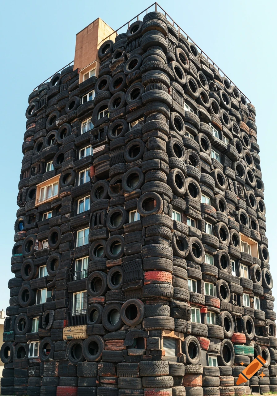 A tall, multi-story building facade completely covered in dark, stacked used tires under a clear blue sky.